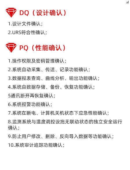 溫濕度監(jiān)測系統(tǒng)GMP驗證PQ項目內(nèi)容有操作權限及密碼管理確認 、系統(tǒng)自動采集、傳送、記錄功能確認、數(shù)據(jù)報表查詢、曲線分析、輸出功能確認、系統(tǒng)自數(shù)據(jù)存儲、備份、恢復功能確認、通訊斷開再恢復確認、系統(tǒng)報警功能確認、系統(tǒng)在斷電、計算機關機狀態(tài)下應急性能確認、監(jiān)測系統(tǒng)與溫度調(diào)控設施無聯(lián)動狀態(tài)的獨立安全運行確認、防止用戶修改、刪除、反向導入數(shù)據(jù)等功能確認、系統(tǒng)審計追蹤功能確認、系統(tǒng)性能效率確認、系統(tǒng)參數(shù)設置確認。